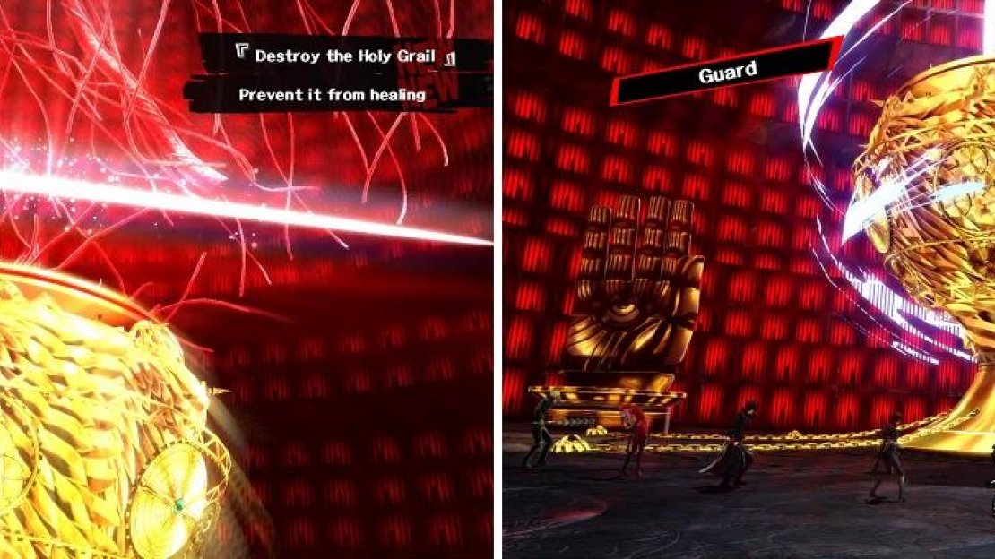 You won’t be able to progress in the fight until you cut the lines (left). Make sure to guard when the Holy Grail is charging for its ultimate attack (right).