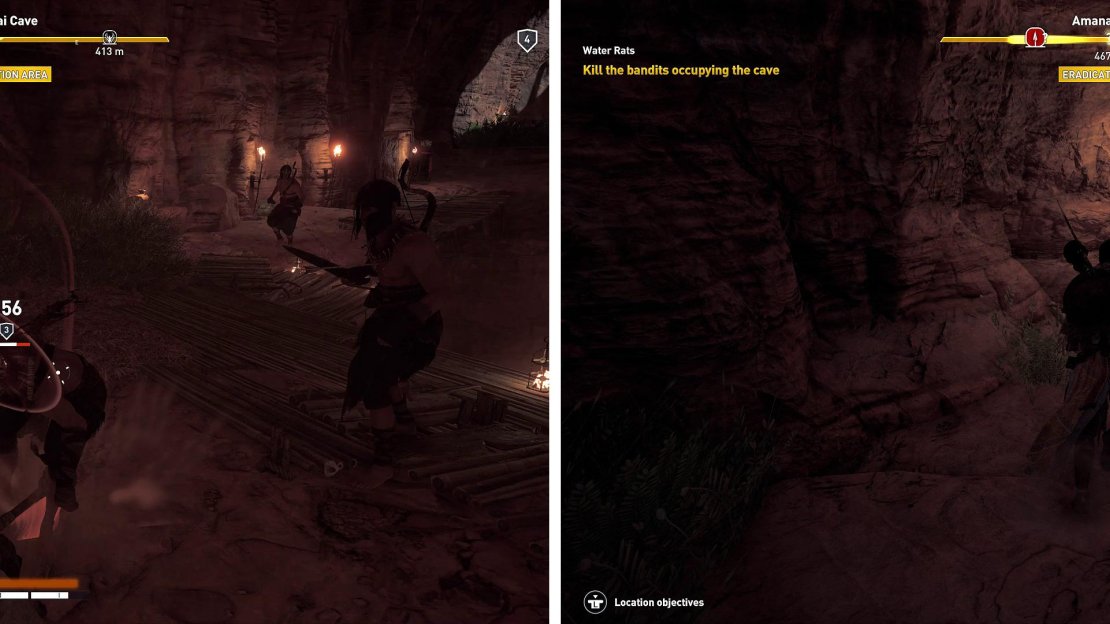 The mace is very useful to take out the bandits in the cave (left). On your travels, be sure to seek out the red loot chests (right).