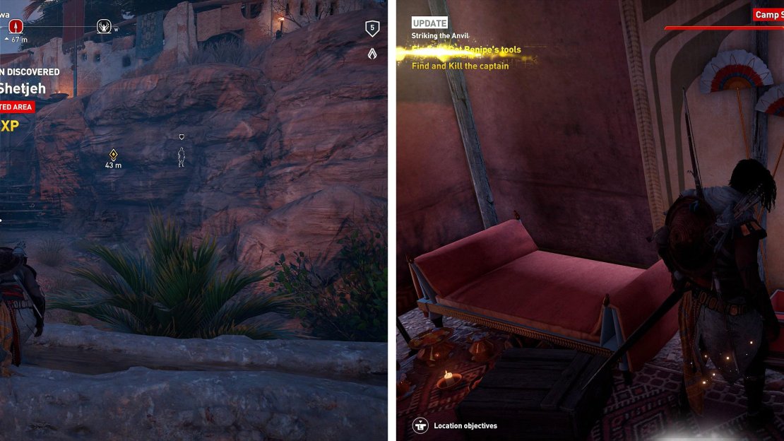 Approach the camp here and climb the wall into the grass (left). The tools are found in a large tent at the center of the camp (right).