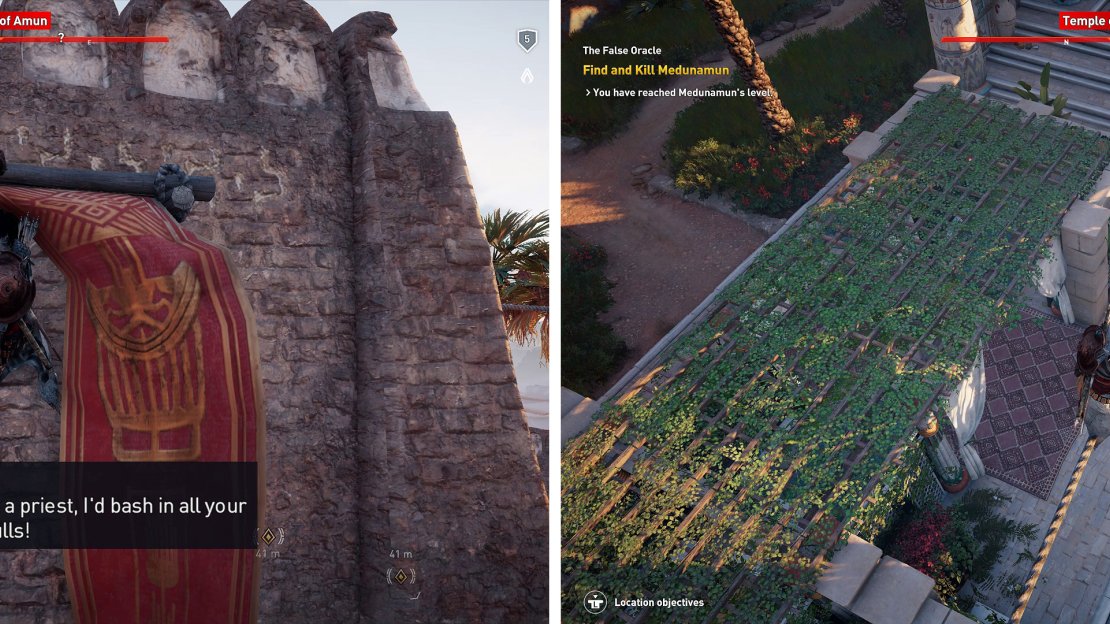 Scale the walls (left) and then search for Medunamun. Wait for the opportunity to take him out from above (right) and you’ll enter a cutscene.
