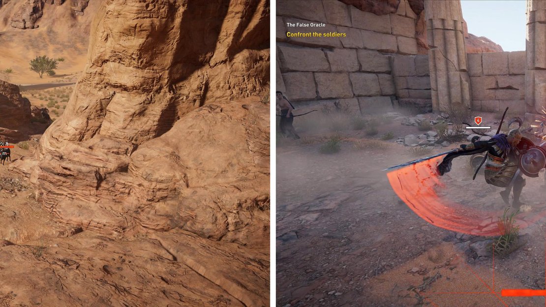 You can stand on this pillar to kill the Ibis (left). After the scenes, Bayek will try to fight but you cannot win (right).