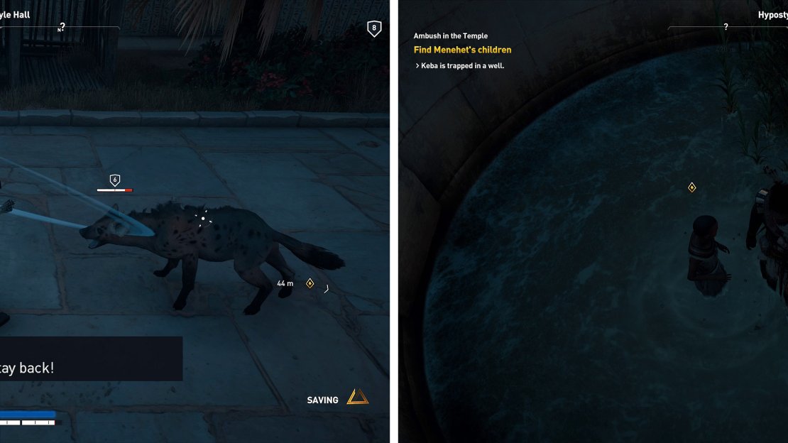 Watch out for the hyena that springs to attack you (left). Keba is stuck down a well (right) so break the tunnel open for him.