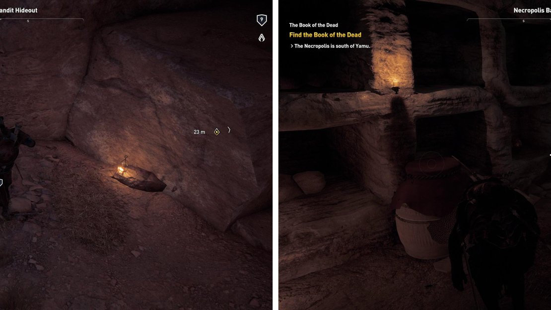The hideout should be a lot emptier (left) if you cleared it out earlier. Head beneath the surface to recover the book (right) then return it to its owner.