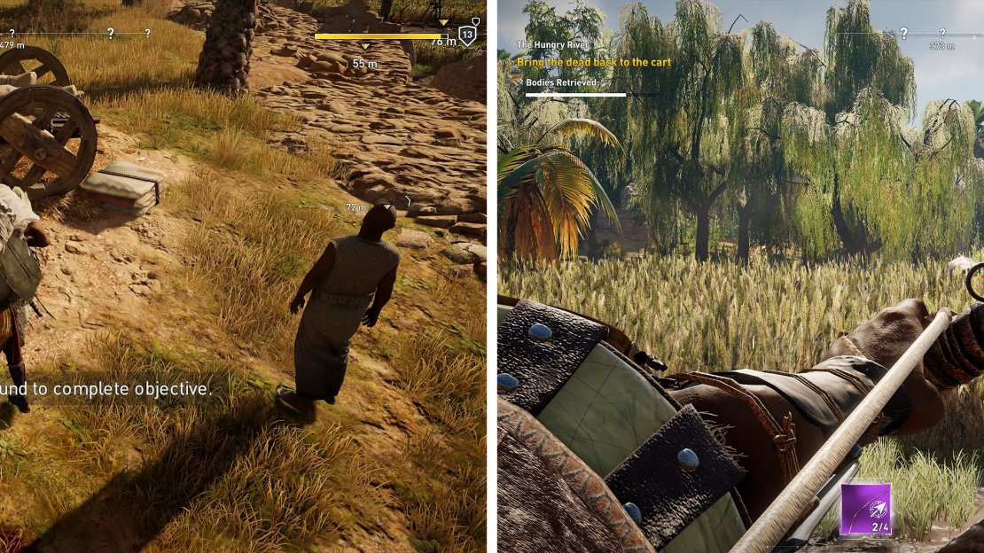 Sneak around the hippos and carry the bodies to the marker (left). Clear out any hippos too near the bodies if you must using your bow (right).