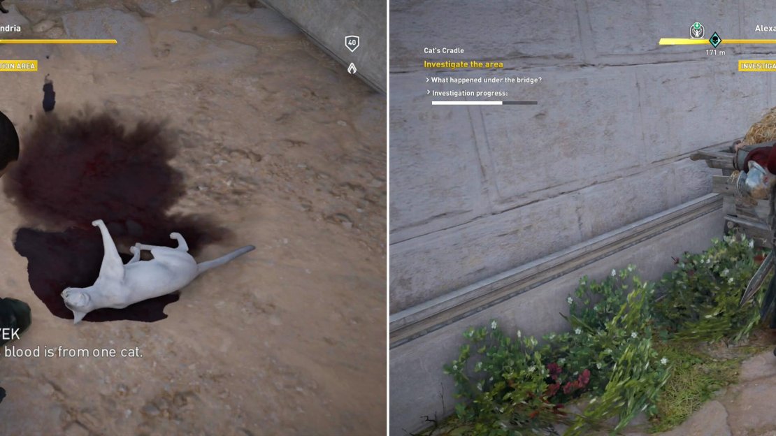 Investigate the dead cat (left), then follow some blood to a straw wagon, where a body has been stashed (right).