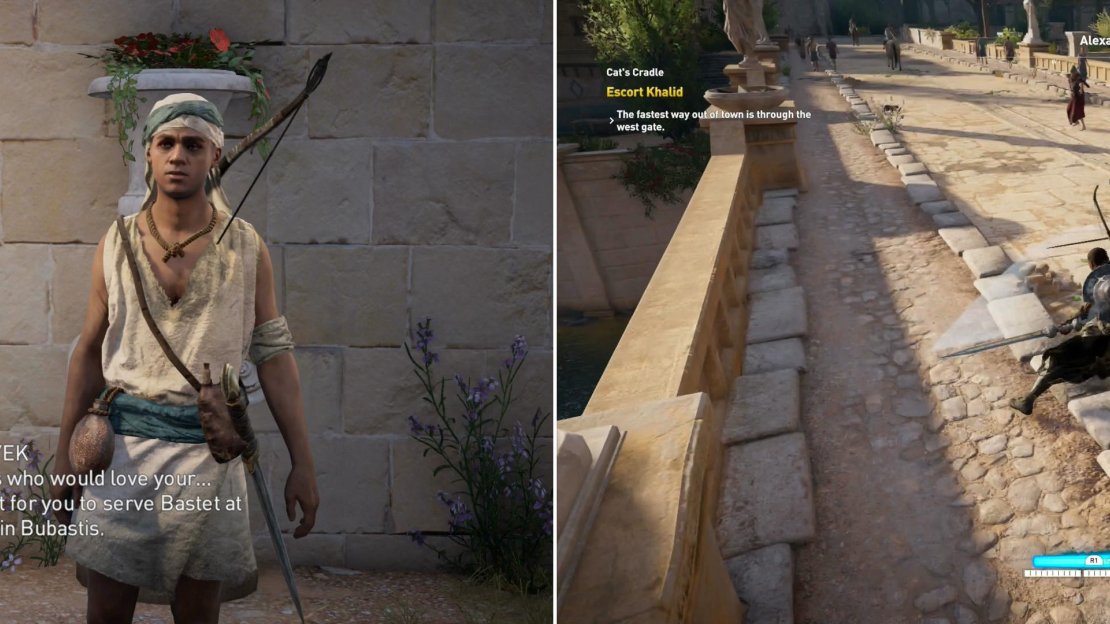 Find the Roman killer, Khalid, and escort him out of the city (left). He’ll cause trouble for you along the way by provoking Roman soldiers, so fight them off as necessary (right).