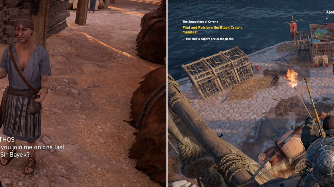 Find Sminthos in Apollonia, who once again gets Bayek involved in his schemes (left). the mast of a ship makes for a fine firing platform, which you can use to pick off Romans on the dock below.
