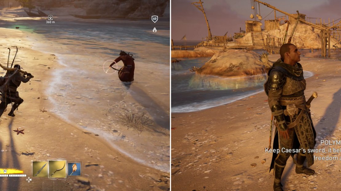 When you surface, the Lanista and his men will have arrive - fight them off (left) then talk to Polymestor a final time (right).