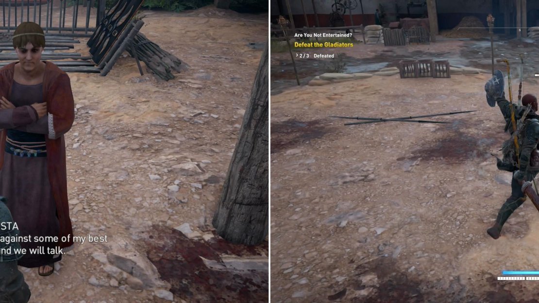 Talk to the Lanista and he’ll demand you prove your worth (left), by fighting his lesser gladiators (right).