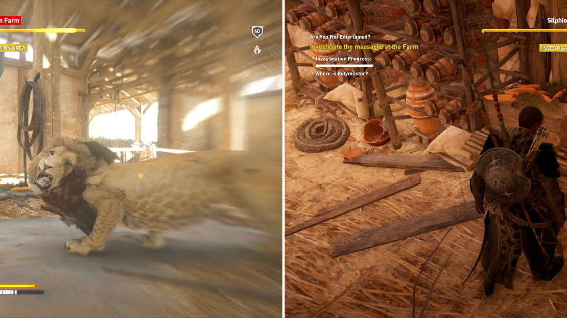 Kill the lions at the farm (left), then search for a letter in a hidden cellar (right).