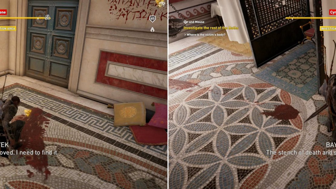 Search a blood stain on the upper floor (left) then examine the victim’s body on the bottom floor (right).