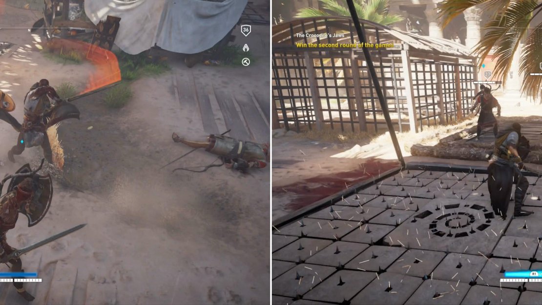 Kensa and Bayek will need to fight through waves of enemies (left). The enemies are threat enough, but the arena is also littered with traps (right).