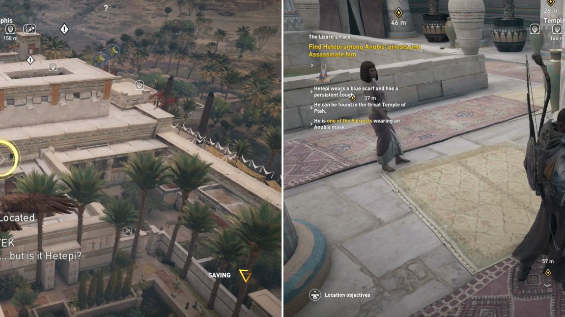 Use Senu to locate the suspect priests of Anubis (left), then look for the specific signs that identify your target (right).