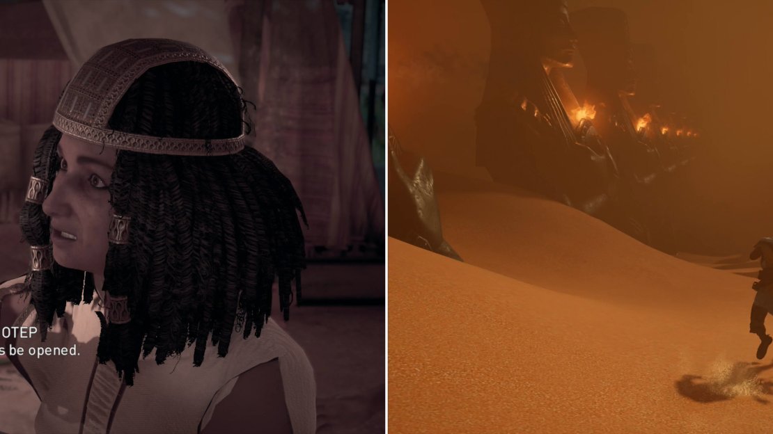 When you arrive at the seer’s house, Taimhotep will force Bayek to drink some decoction (left). Make your way through the sands of the dreamscape and into a foreboding shrine (right).