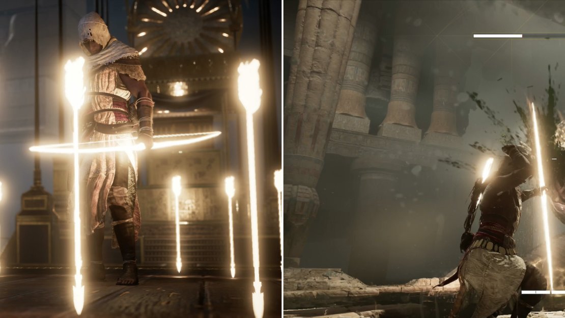 You’ll be armed with weapons of light (left), which you must use to put down the great serpent that attacks you (right).