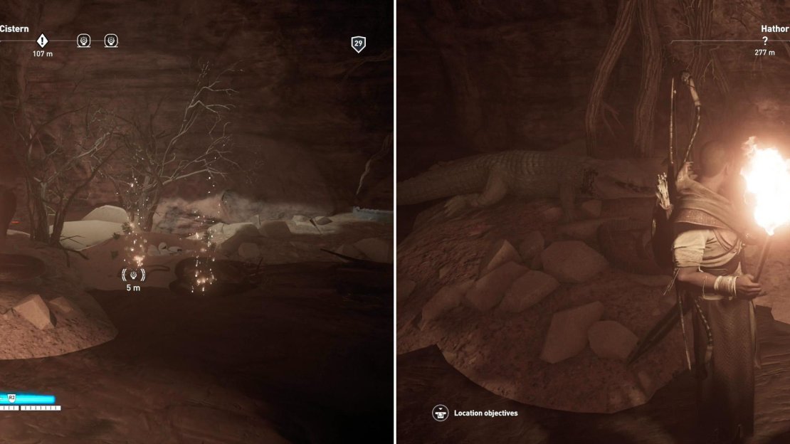 Cobras (left) guard the treasure in the Hathor Cistern (right).