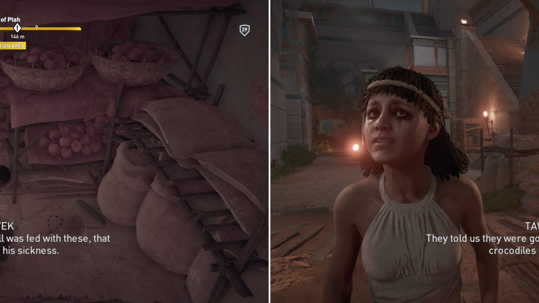Search the store room to find the cause of the Apis Bull’s sickness (left) then confront the priestesses responsible (right).