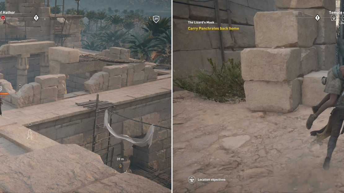 Pick off the bandits at the Temple of Hathor (left), then rescue Panchrates (right).