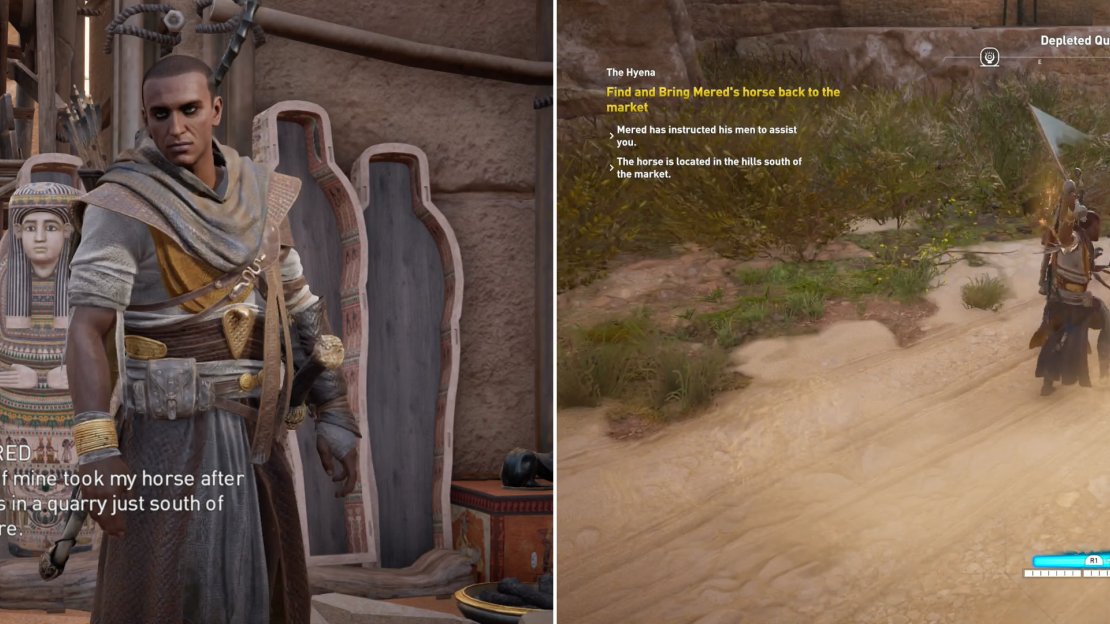 Find Mered near the sphinx, who will send you on an errand (left). Don’t charge into the Depleted Quarry Hideout - the road will only lead you into conflict (right).