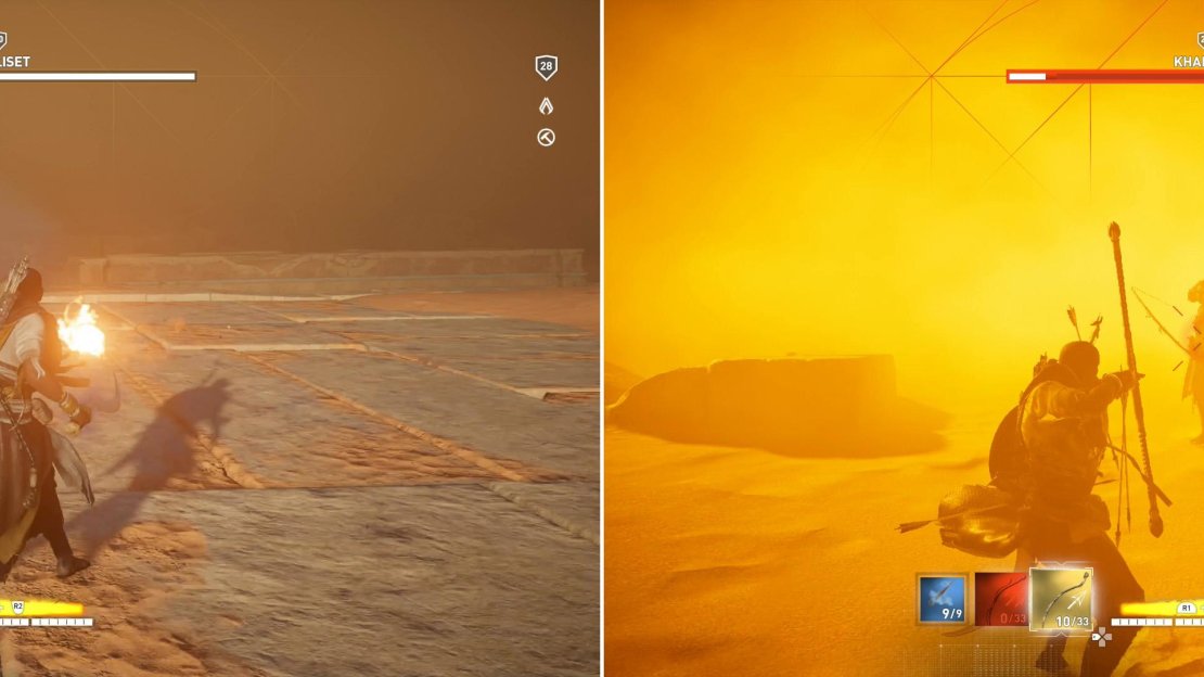 In the beginning of the fight, you can locate Khaliset by following her fire arrows (left). She’s hard to come to grips with in melee, but archery will suffice (right).