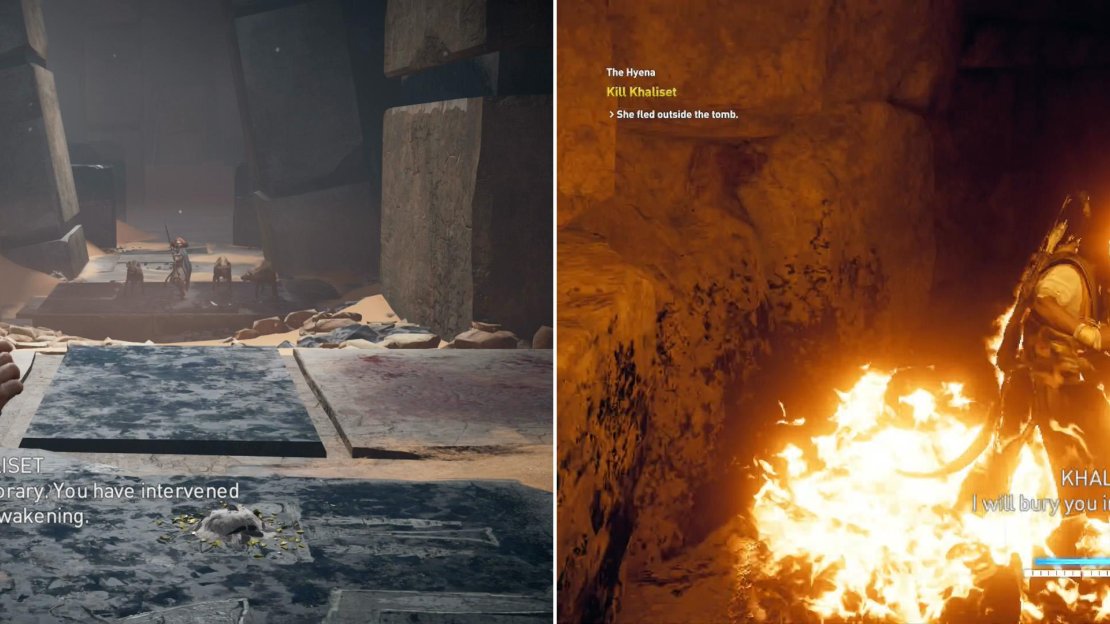 Bayek will encounter Khaliset - The Hyena - in the depths of the tomb (left). Chase after her, but be wary of her traps (right).