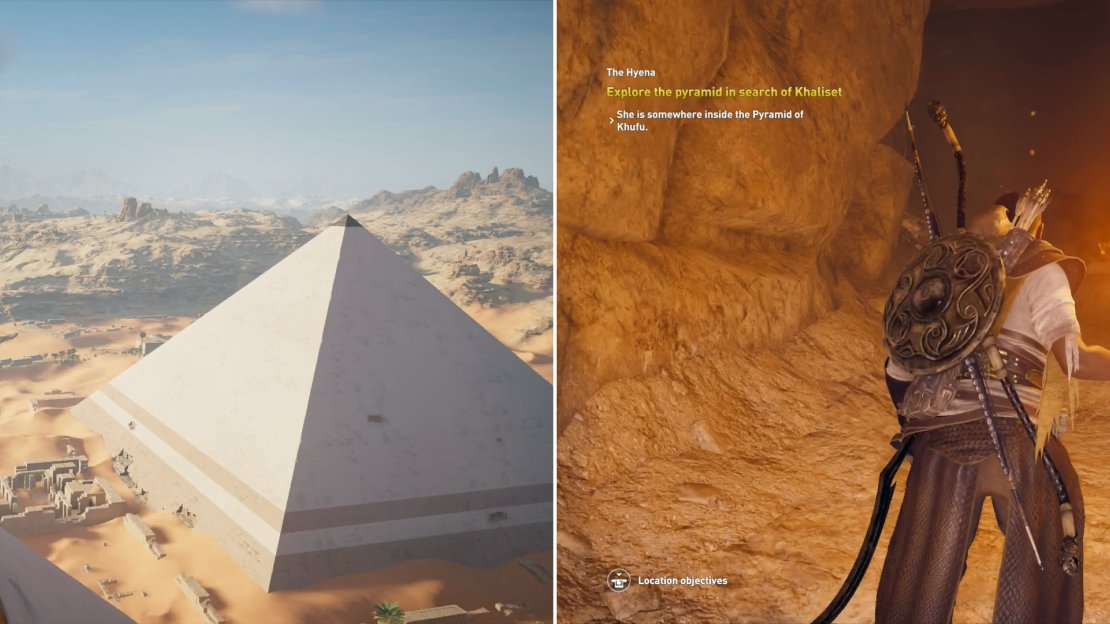 The top of the Tomb of Khufu is a fast travel point… and also a hell of a view (left). After synchronizing with the pyramid, enter the darkness of the tomb (right).