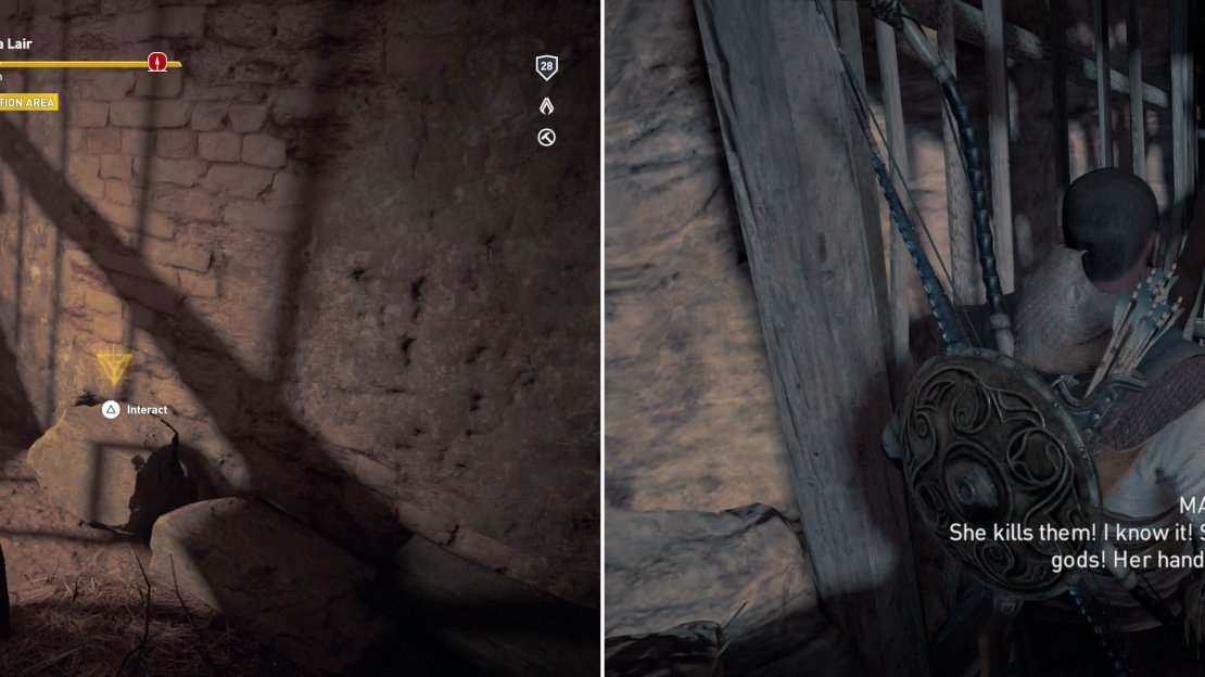 Search The Hyena’s former camp to find out where she went (left) and talk to a captive to learn what horrors she’s involved in (right).