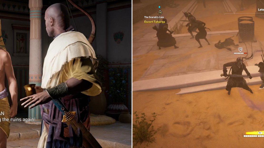 Your meeting with Taharqa will be cut short by a bandit attack (left). Follow Taharqa through Letopolis and kill all the foes who dare oppose you (right).