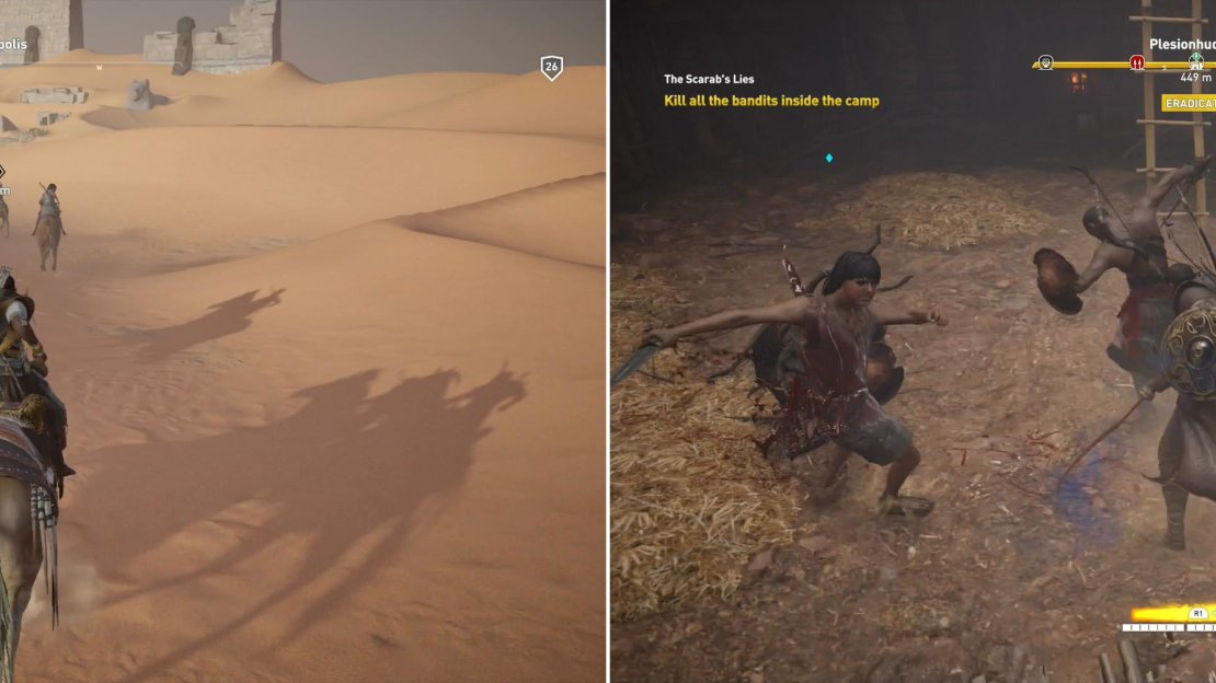 Join Taharqa’s men as they ride out for revenge (left) and slay the bandits at the Plesionhudor Hideout (right).
