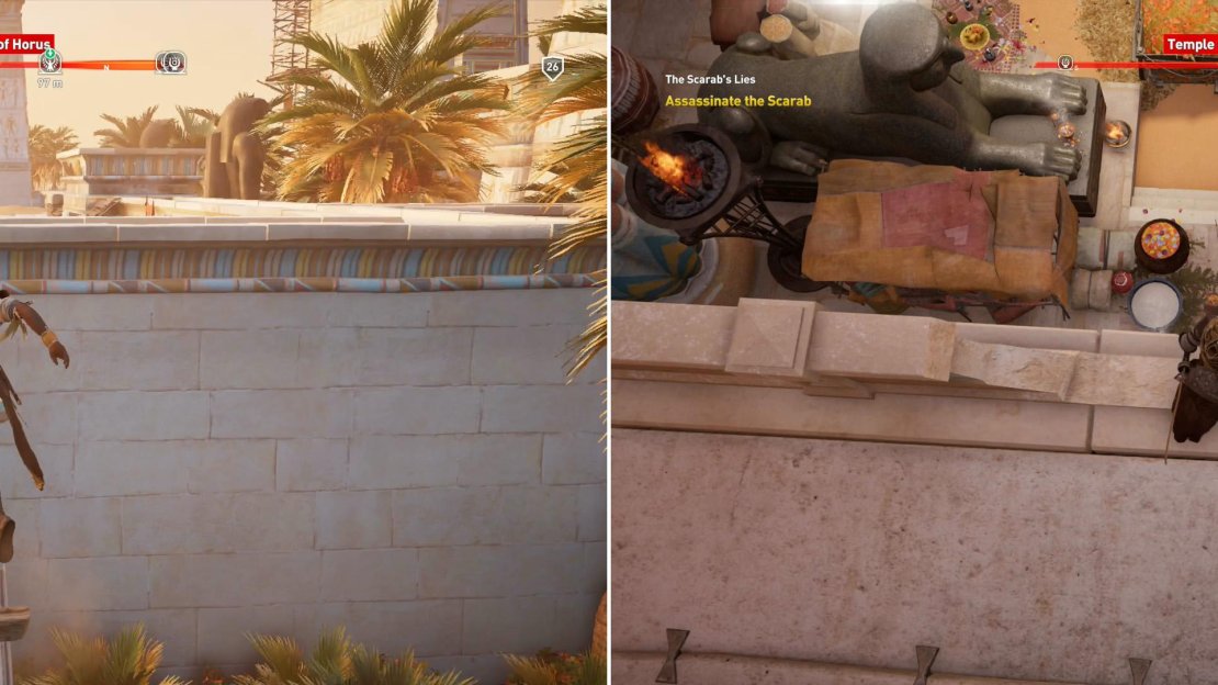 Leap along some wooden beams on the exterior of the temple (left) then wait for an opportunity to kill The Scarab cleanly (right).