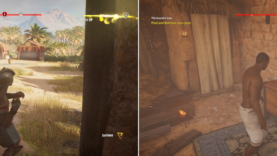 The Scarab left Bayek with only one weapon, his hidden blade - one weapon too many, as it turns out (left). Be that as it may, versatility won’t hurt. Kill the guards and recover your gear (right).