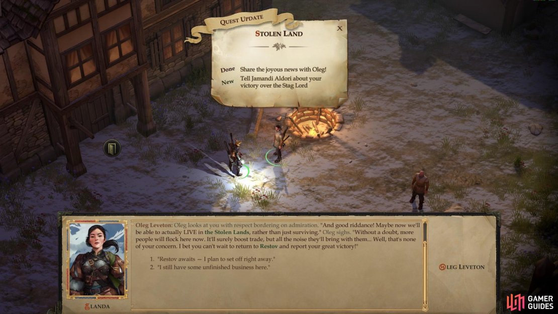 When you’re ready to leave Chapter 1 behind, return to Oleg’s Trading Post and tell Oleg the news of your victory.