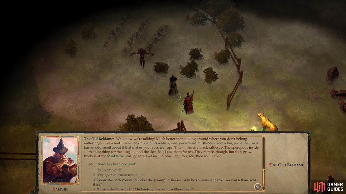 Talking to the Old Beldame is arguably more lucrative than fighting her, as you can pick up the quests “Mushrooms from the Mud Bowl”,