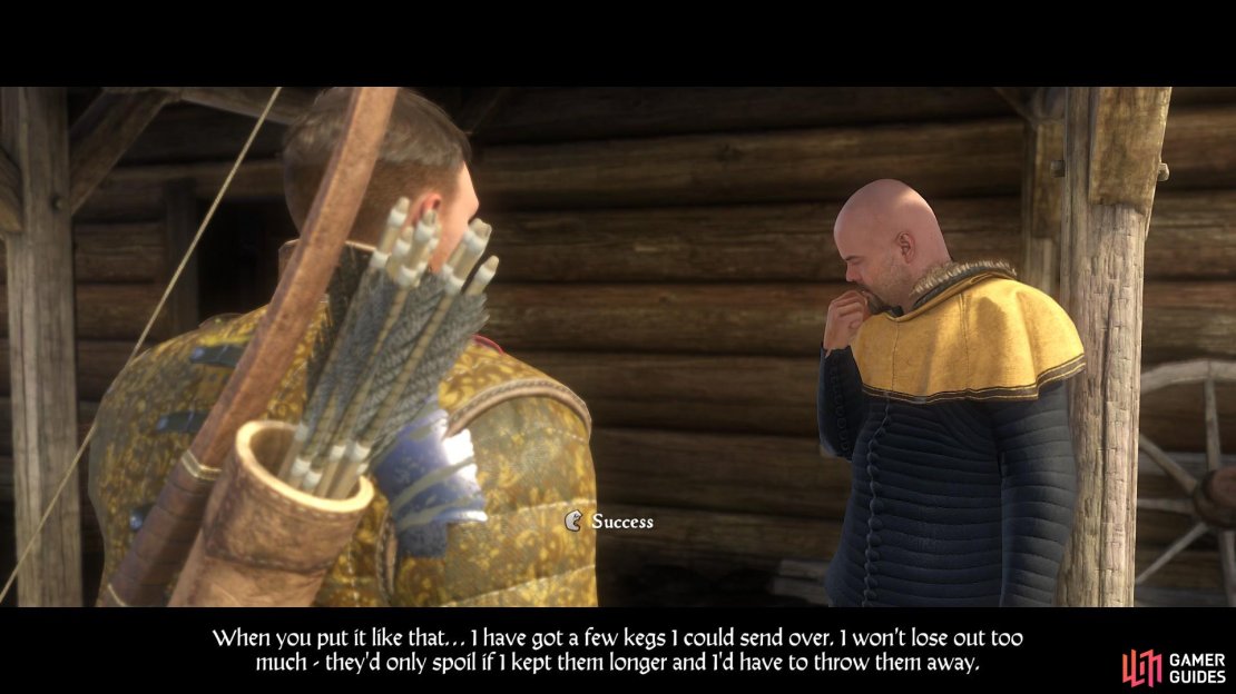 Andrew will be reluctant at first, but you can use your persuasion skills to convince him to send ale to the encampment. You will have to go back to the quartermaster to let him know that you have found some ale.