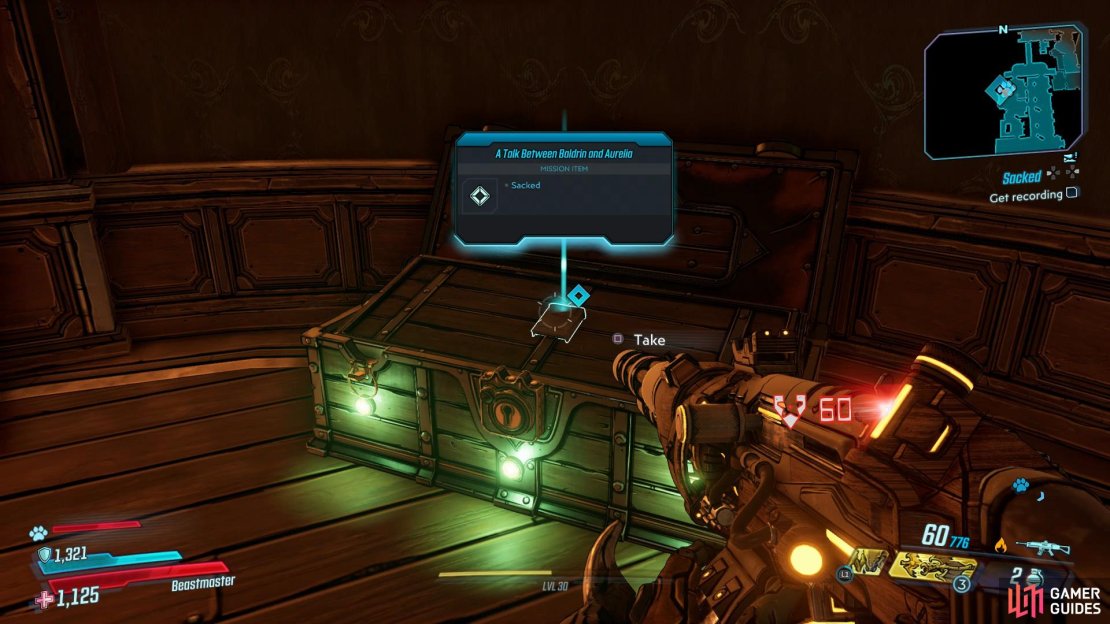 Open the chest to find the A Talk Between Baldrin and Aurelia clue.