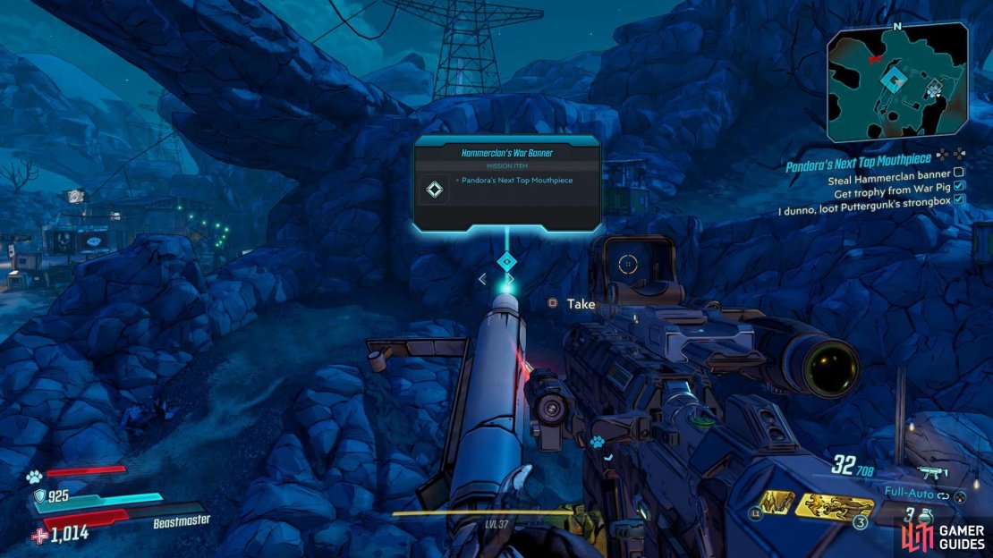 Collect the banner from the pipe that’s hanging off the power supply tower.