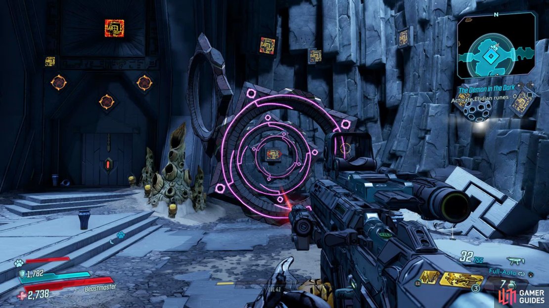 Head onto the square platform on the floor to the right side of the room and shoot through the first set of circles,