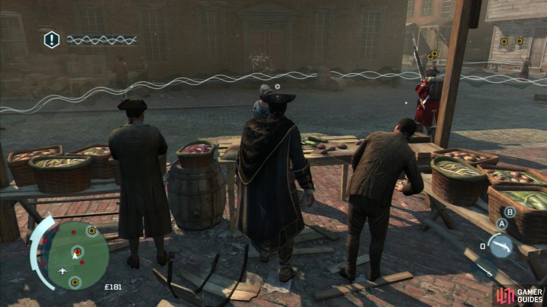 Don’t forget to fully utilize your surroundings when it comes to the moving targets. Hatham can take time to look like an especially dapper fruit seller in order to spy. If you have not failed an eavesdrop and eavesdropped on the moving group of guards, those two optional objectives will be complete. You should also have been able to ascertain the location of the Surgeon.