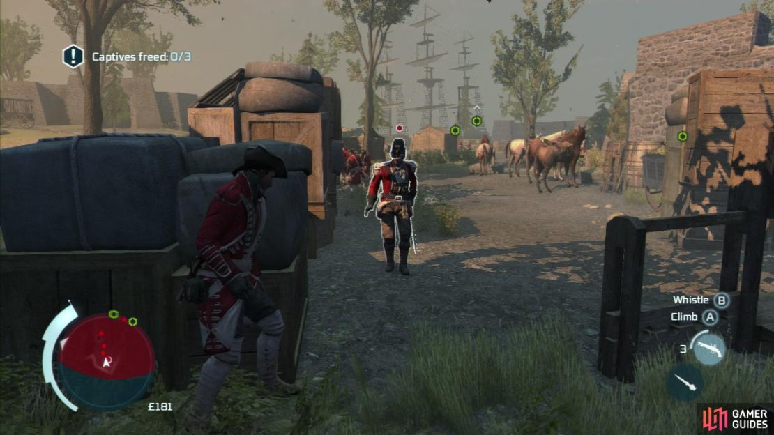 Return back to the road. Now let’s go rescue those prisoners! Hug the large stone wall at the back of the area and make your way to the left between the wall and the tents. Ahead you will see a square wooden structure with a guard leaning against it. Take cover and assassinate him from the corner (we need three corner assassinations for the optional objective this is 1/3). Stay here and you’ll see the first set of prisoners to the right. Wait for the guard patrolling in front of the prisoners to walk away from you and assassinate him. Interact with the prisoners to free them.