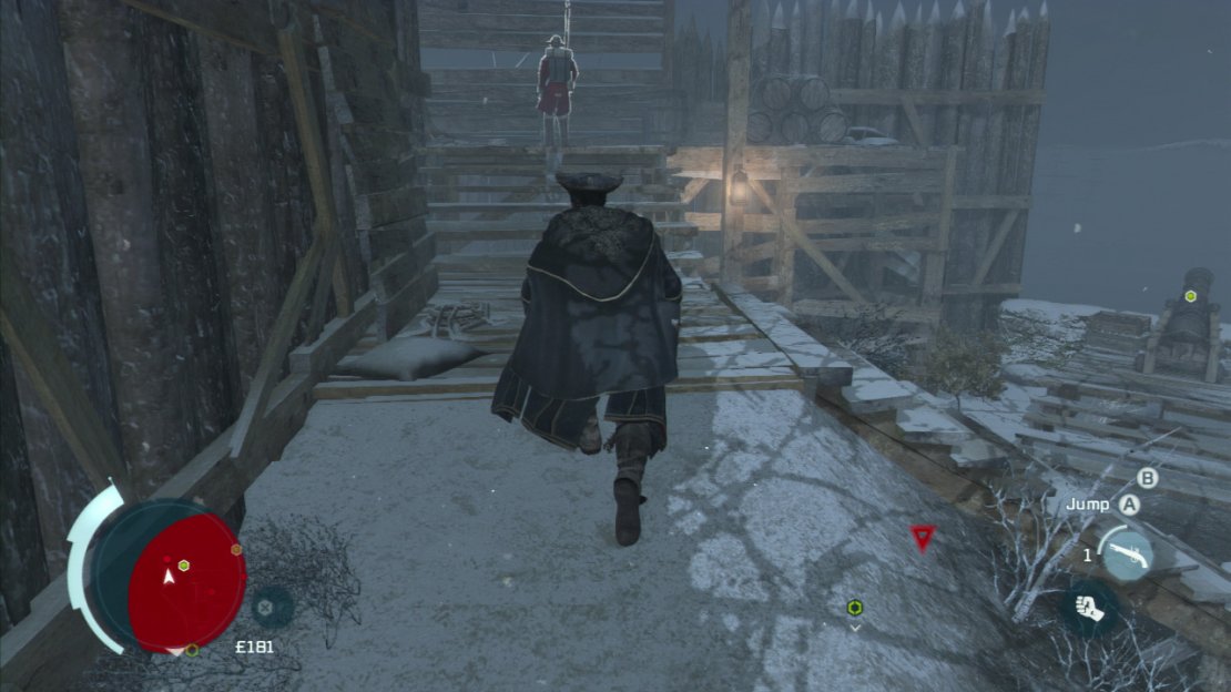 Exit the tent, turn left and duck into the bushes just next to the tent against the wall. From here, observe the guard on the platform up the stairs in front, the first cannon is below him to the right (we need to sabotage two of these for an optional objective). When he is not looking, run down and to the right to tamper with the cannon (1/2).