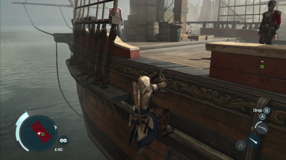 The southern ship is a little easier. Climb up from the side furthest from land again and note the guards on board. All of them are stationary bar two. One of them will patrol the central deck, whilst the other will patrol around the front of the ship.  Pull the central patroller into the water and then when the patrolling guy at the front of the ship is not looking climb up and interact with the barrel. Quickly run and jump into the water.