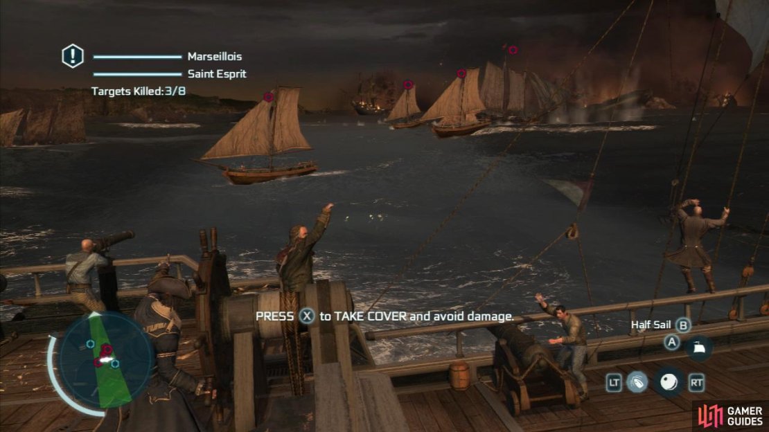 There are eight enemy ships waiting for you. There will be one large ship and seven smaller schooners. Broadside the schooners to take at least three of them down with a single volley for the optional objective and then eliminate the remaining ships. As always, don’t forget to take cover when you see the red indicator in the water!  Killing off a few of these vessels will cause another five to enter the area and join the battle. There will be another four of the small schooners and another large ship to destroy. After a short scene, the next battle will commence.