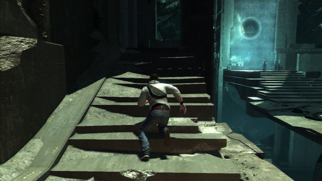 Whilst looking at the blue door, look to the left to see a platform across the gap. Jump across tot he ledge on the other side. Climb the set of stairs here and enter the room to the left at the top. You will see a short story scene.  Afterwards, climb the stairs at the back of the room to the very top. Jump across to the metal platform on the left and follow it around to the right. Climb the wall at the end and shimmy accross the metal bar to the left. Jump over to the next metal bar and follow it to the right and jump over to the platform. Another story scene will play.  Head through the open door to the right and interact with the corner panel here to insert the power source. This will open an area which will give us access to the next power source slot. Return to the main room.