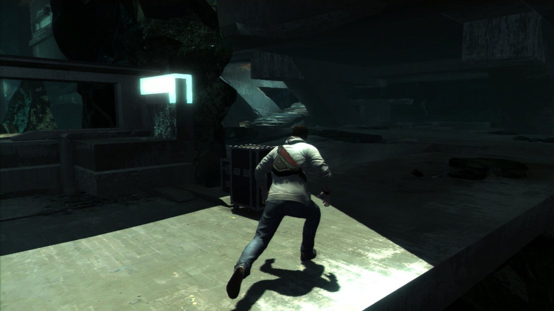 Standing next to the animus whilst looking towards the blue door. Look to the right to see a pair of slanted supports. If you have inserted the two previous cores, you will now see a set of stairs between them.  Head over here and climb the stairs. Turn right and jump across to the other side of the broken walkway. Continue up the next set of stairs and into the room at the top for a short scene.  After the scene, note the glowing pillars on the far side of the room, use these to access the upper platform at the back of the room on the left. Run through the passage here and go through the door to the left. Jump down to the poles below and across to the other side of the room. Climb the shimmering wall here to the top. Turn to the right and move to the end of the platform for another story scene.  Once the scene has run its course, run and jump to the glowing wall accross the gap in front. Work your way along the walls and suspended glowing pillars to the right until you reach another platform. Drop down and follow it to the end to find the final power source socket. Inser it and then return to the main room.  After you have completed all of the animus sequences, Desmond and co. will automatically go and retrieve the key. When you regain control, you can walk over to the blue door and open it. Inside run across the bridge until a scene plays.