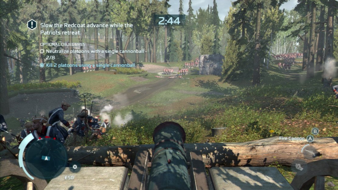 We need to take down a platoon of soldiers with one cannonball shot on eight different occasions and also to take down two platoons with a single shot. Simply have the cannon move left to right, taking out the groups as they move into your firing range. Continue pounding away until the timer runs out.