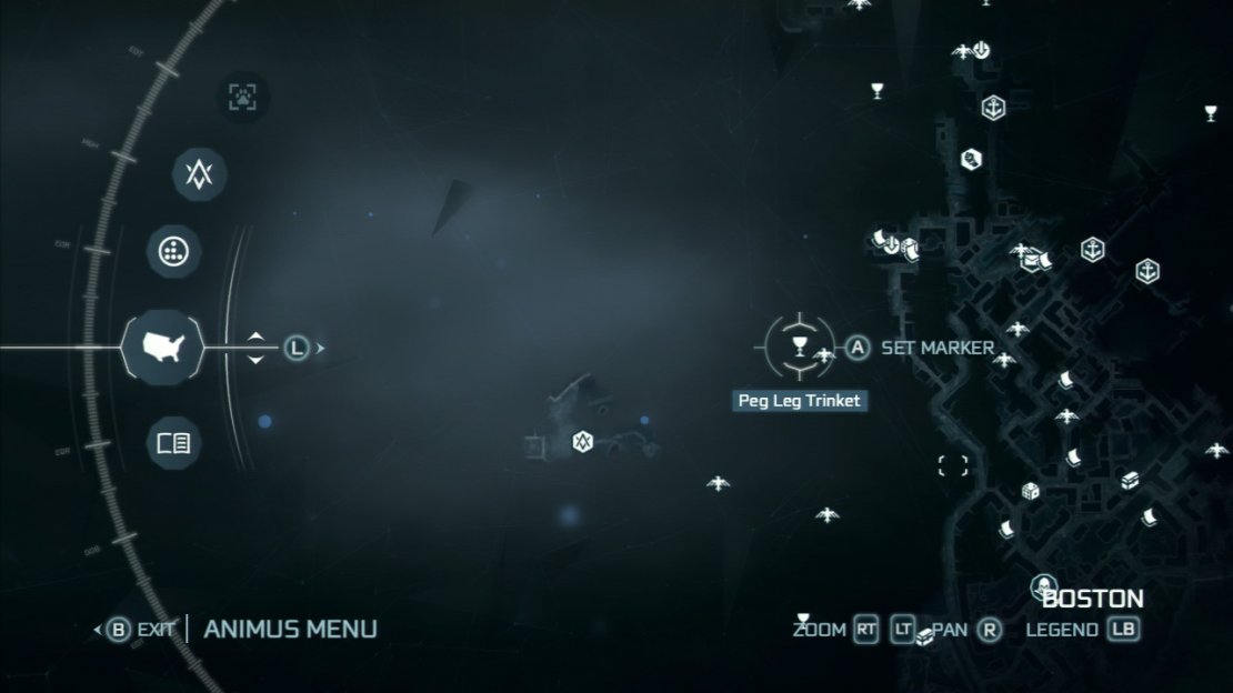Peg Leg icons will appear on your map if you buy the map, but they’ll also appear if you synchronize at a nearby eagle vision point. Just look for the chalice icons on your map and set a waypoint.