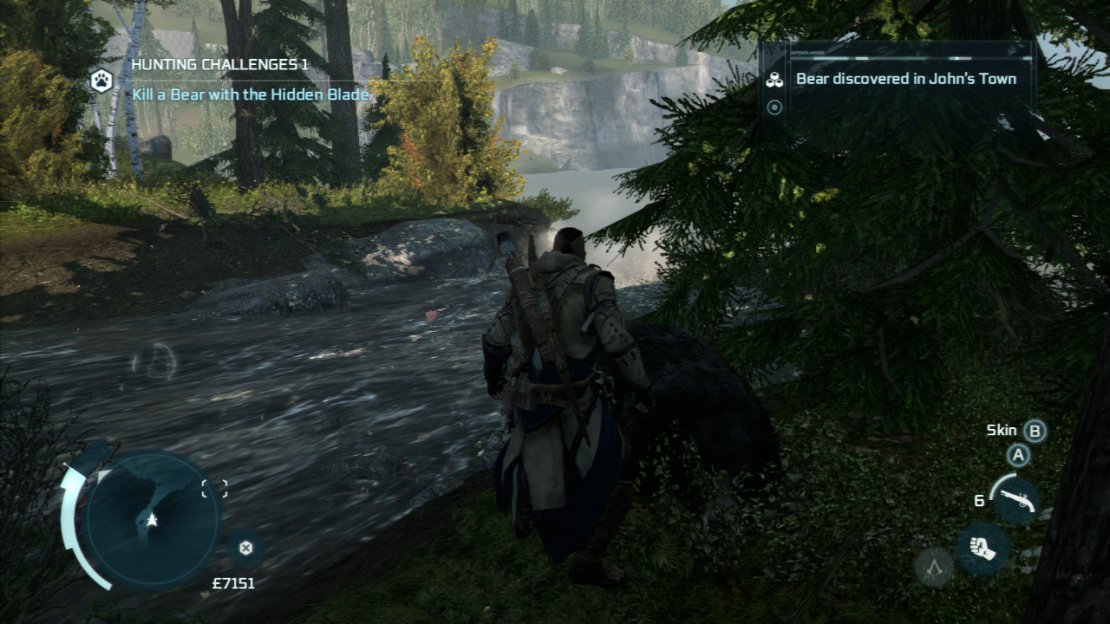 Bears hang out on the eastern shore of the frontier. Killing them with the hidden blade is as easy as hitting the button prompts should they attack you or attacking from the branches.