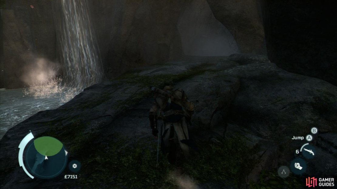 When you arrive at the marker, you’ll be in an area with a waterfall. Interact with the clues in the search area to narrow it down. When you find the cave entrance head inside for a scene to complete the mission.    Return to the Frontiersmen’s campfire or tavern to pick up the next quest.