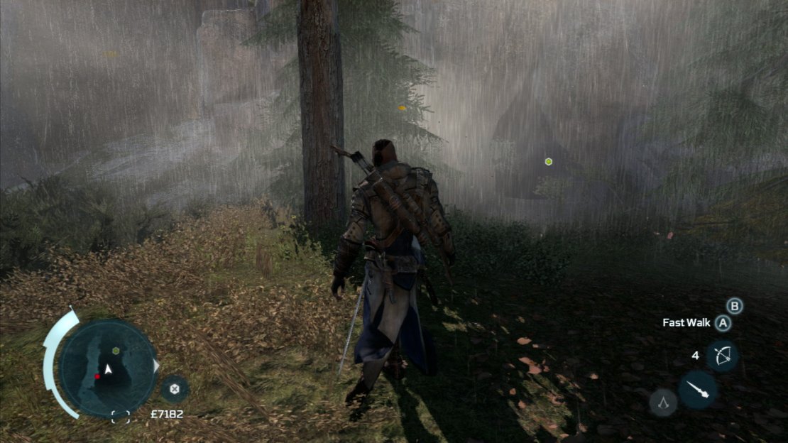 Make your way through the cave and you’ll see a couple of dead bodies. When you reach the large room with the bushes on the right, an indicator will appear here. Backtrack down towards the exit and pick up the body here, carry it back to the main room ad drop it where indicated. Hide in the bush nearby until the bear enters the room.  Exit the bush and kill the bear. You’ll need to undertake seven button prompts as they appear on the screen, as opposed to the normal four when taking down a bear. When its dead, skin it and return to the hunting lodge.