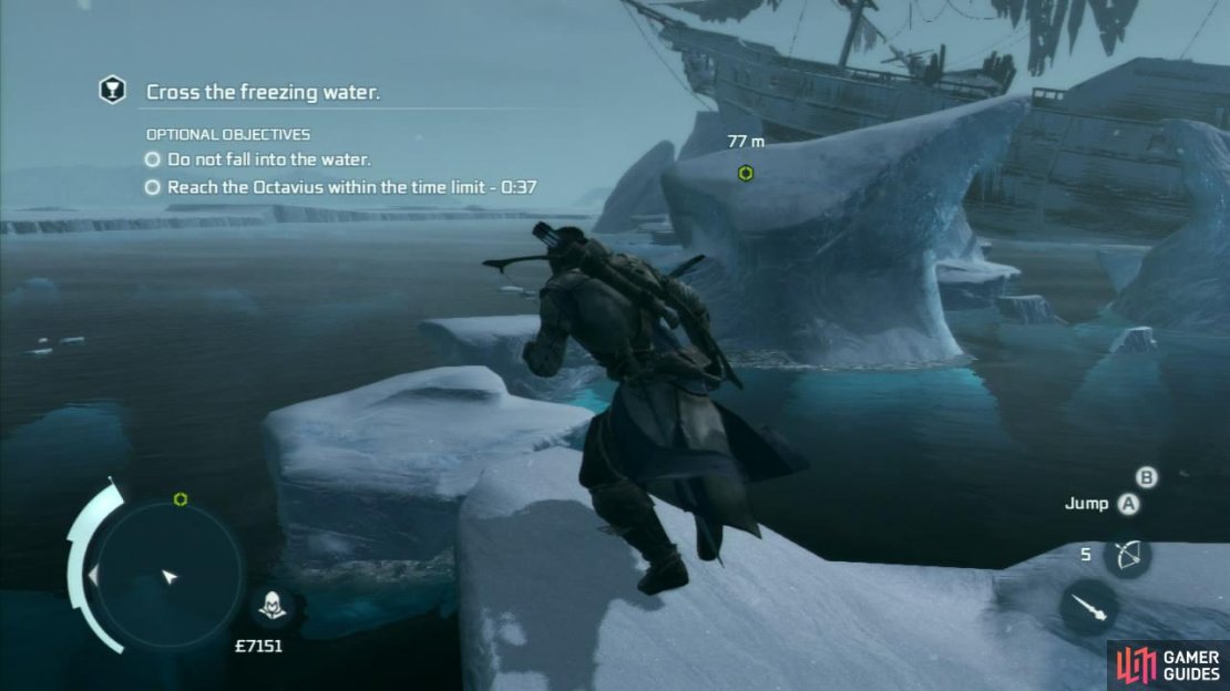 Run and jump over to the tall ice structure in front. Climb to the top of this and hop across to the next ice structure, shimmy around to the right of this and climb your way to the top of it. From here, leap across to the fallen mast nearby and climb down this to the shipwreck of the Octavius itself.  Once you are on the deck, drop down the hole here to the deck below. follow the hall to the end and climb up into the captain’s cabin. Interact with the map on the table for a scene.